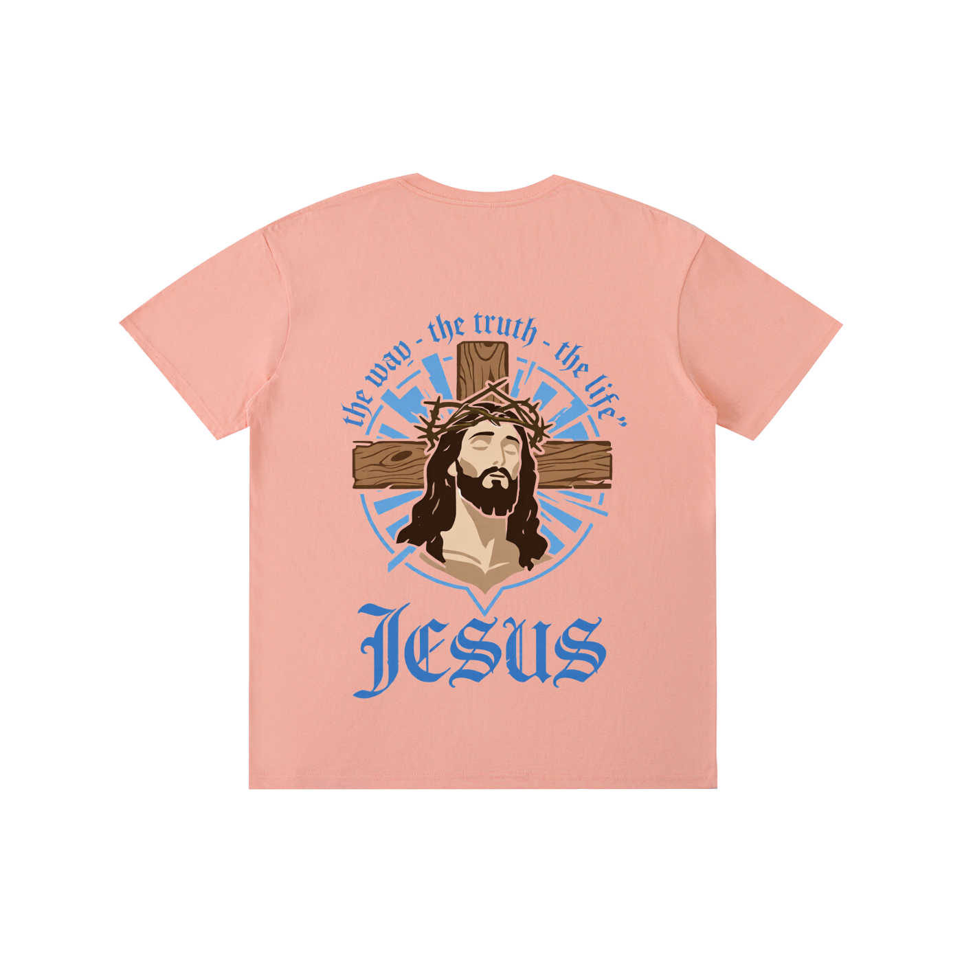 Unisex pure cotton T-shirt, light apricot pink with Jesus logo in blue and gold