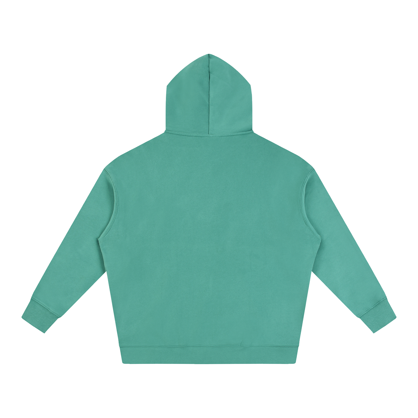Oversize fleeced hoodie, green, back view with hood and kangaroo pocket