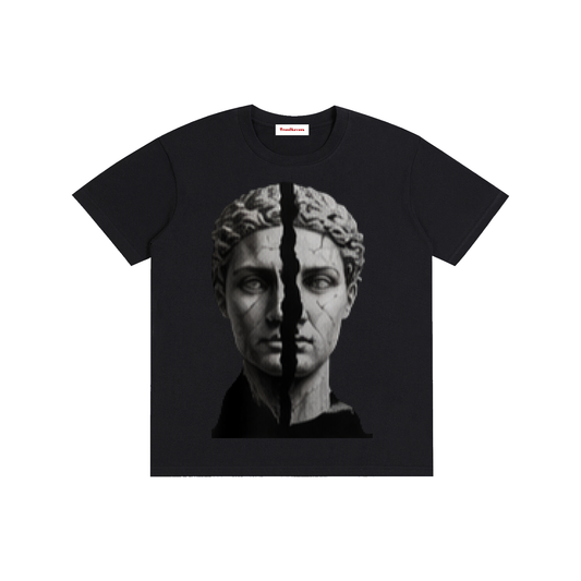 Black unisex oversized T-shirt with split-face face graphic front print