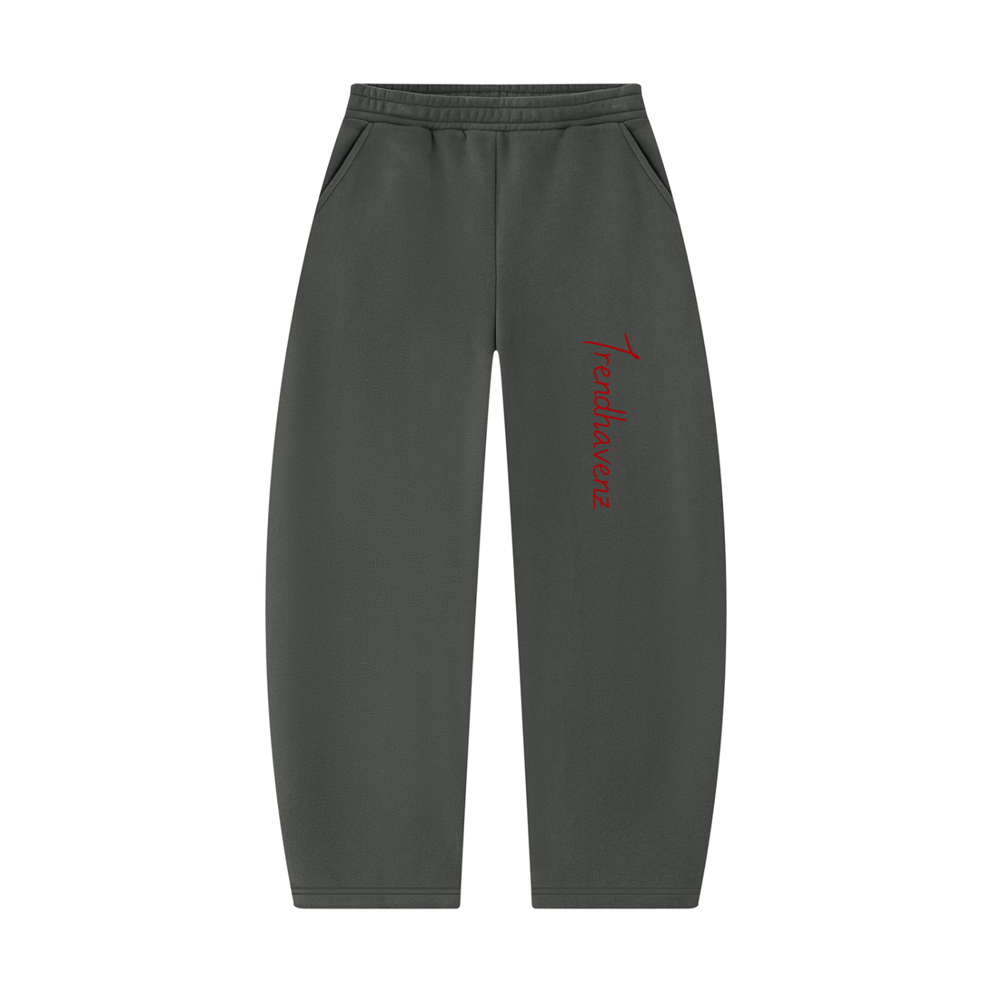 Dark gray unisex barrel-leg sweatpants with red logo on front
