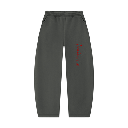 Dark gray unisex barrel-leg sweatpants with red logo on front