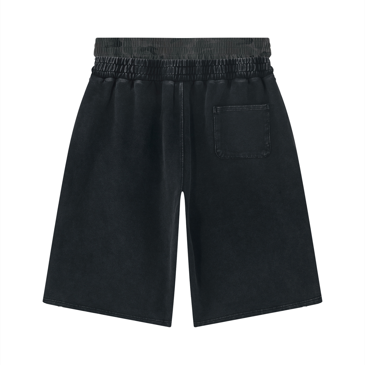 Black distressed wide-leg shorts with elastic waistband, drawstring and front patch pocket