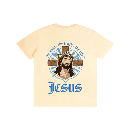 Unisex pure cotton T-shirt, cream with blue Jesus emblem and text graphic