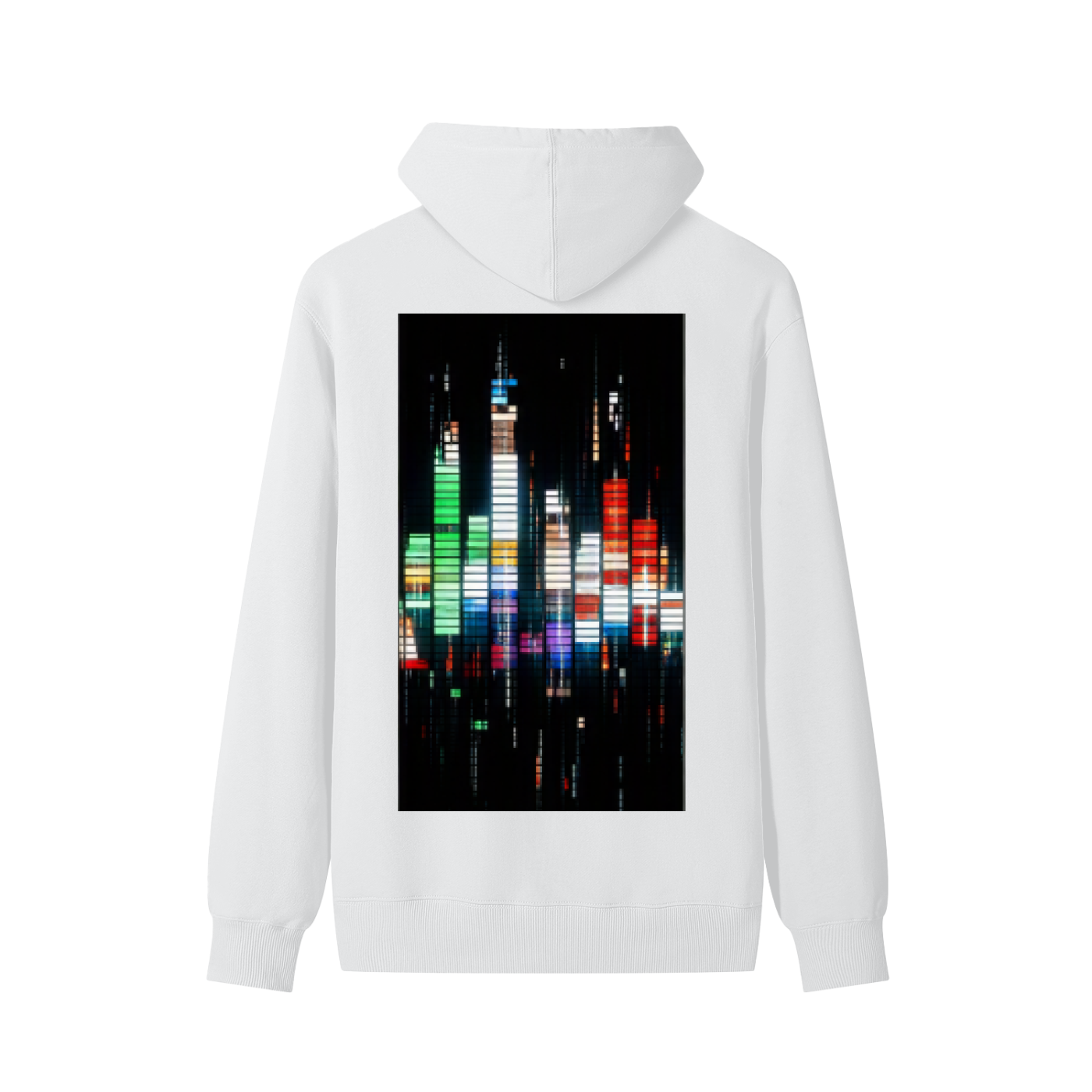 White cotton unisex hoodie with back square city skyline graphic