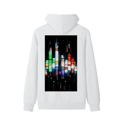 White cotton unisex hoodie with back square city skyline graphic