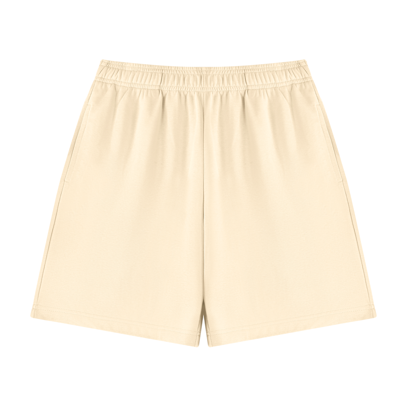 Unisex cotton shorts in light apricot, elastic waistband, no visible pocket.