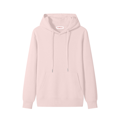 Light pink cotton unisex hoodie with front kangaroo pocket and drawstring hood