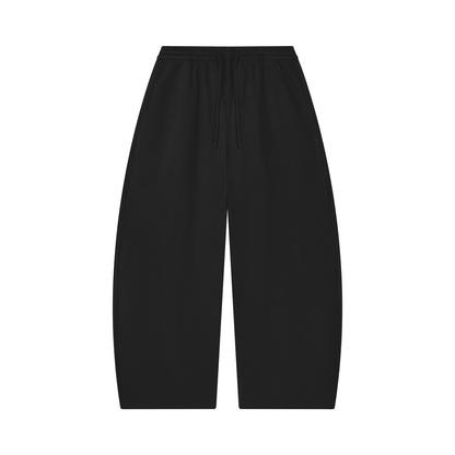Black barrel-leg pants with elastic waistband and drawstring, relaxed fit
