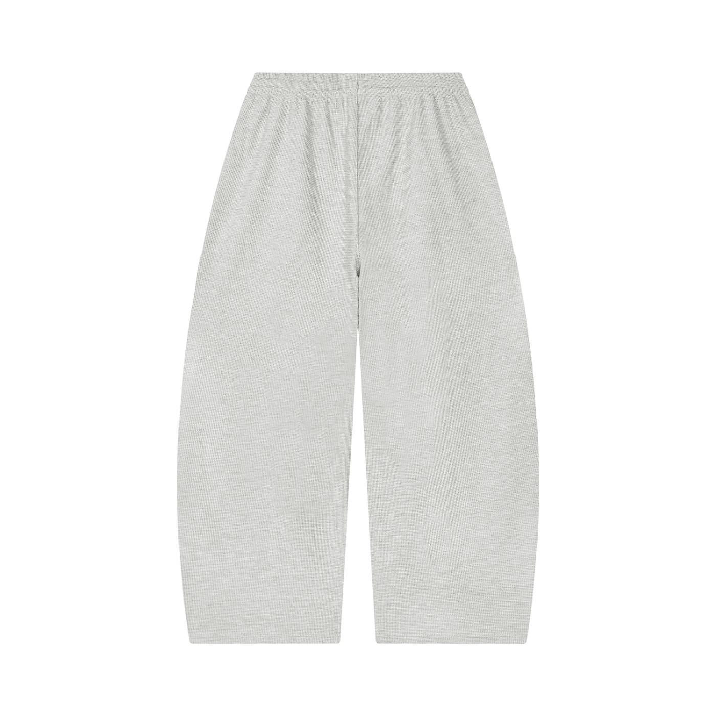 Unisex barrel-leg pants in light gray with elastic waistband, back view