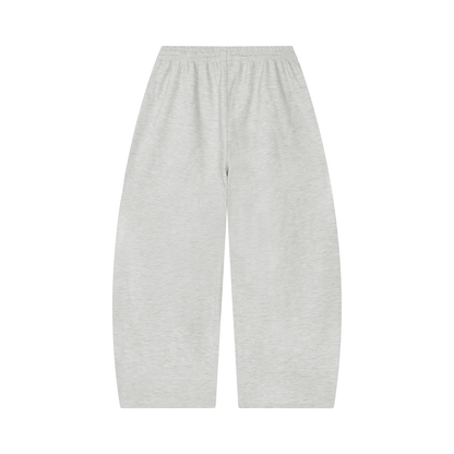 Unisex barrel-leg pants in light gray with elastic waistband, back view