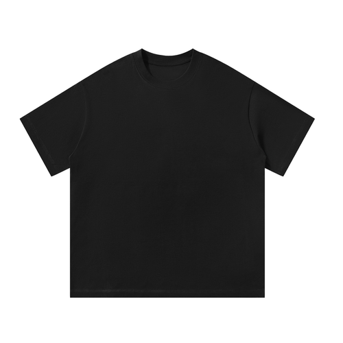 Black boxy oversized drop-shoulder tee, short sleeves and crew neck.