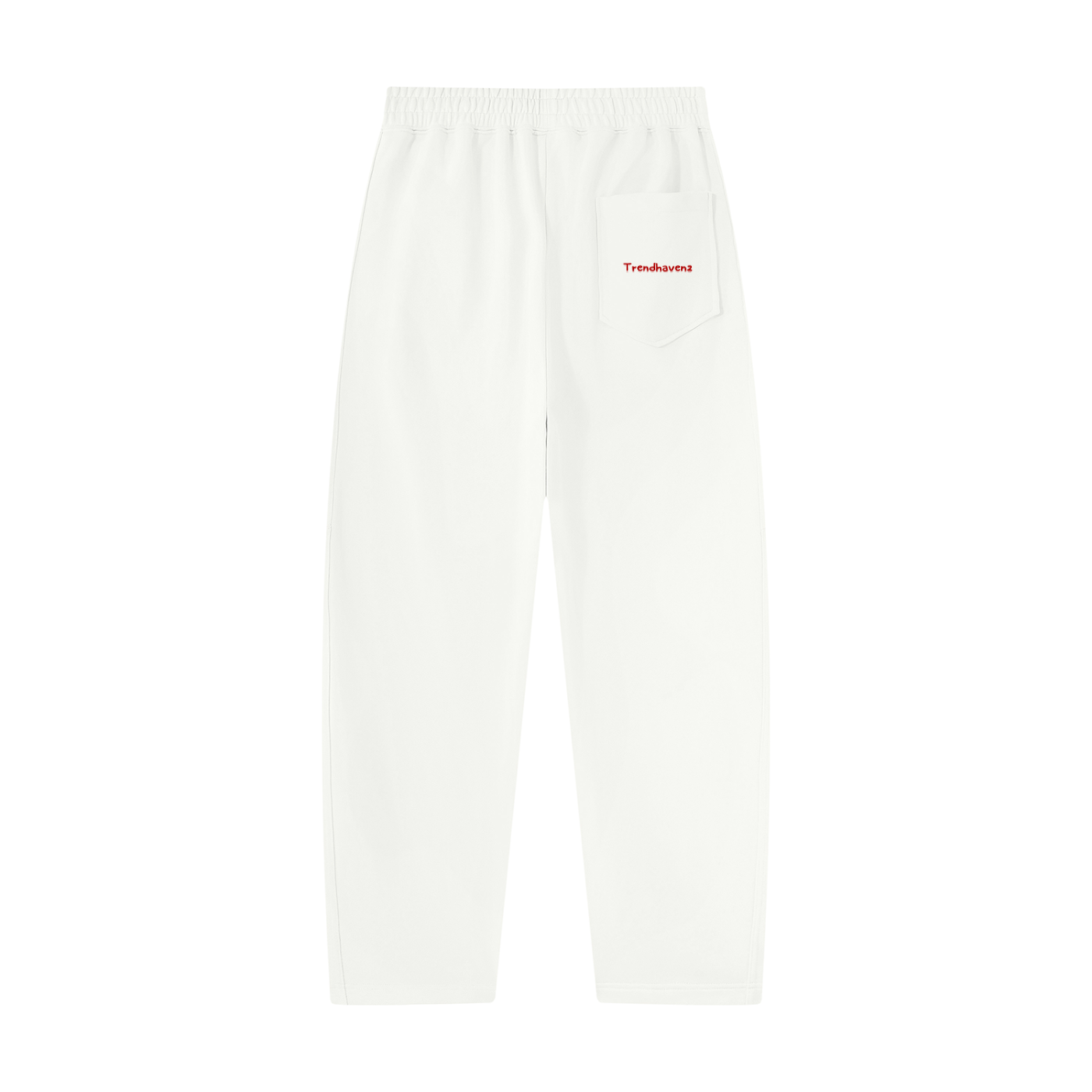 White unisex tapered straight hem sweatpants, elastic waist, small logo label on front pocket