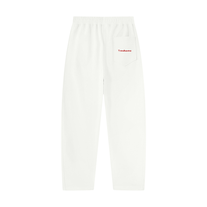 White unisex tapered straight hem sweatpants, elastic waist, small logo label on front pocket