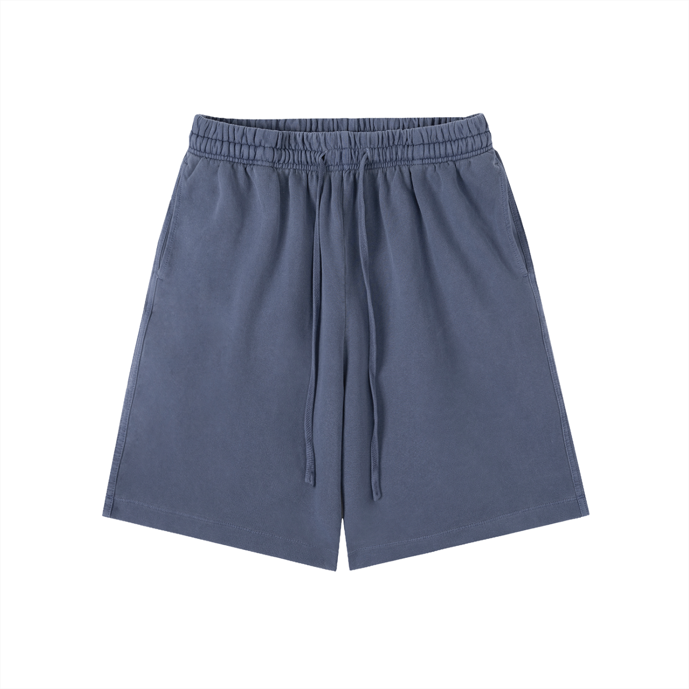 Cotton vintage-wash shorts in navy blue, elastic waist with drawstring, side slit pockets