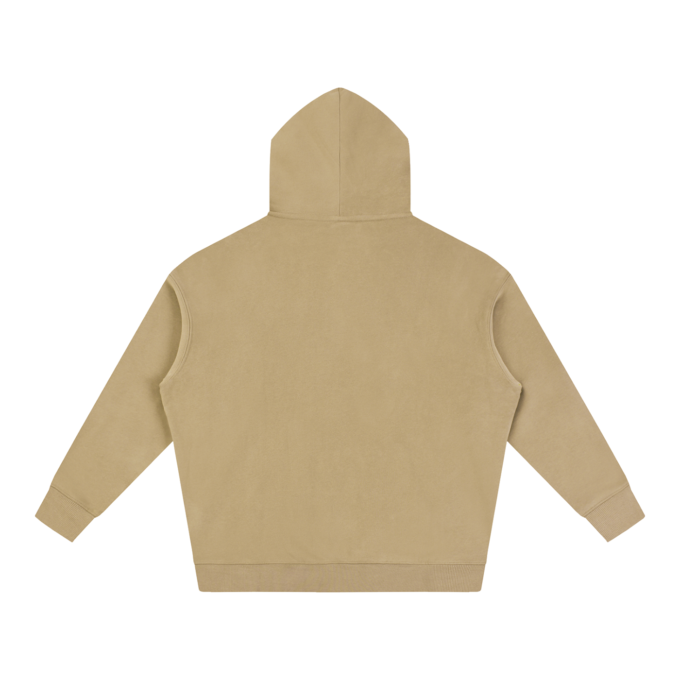 Oversize fleece pullover hoodie in light brown, back view with hood and pocket opening