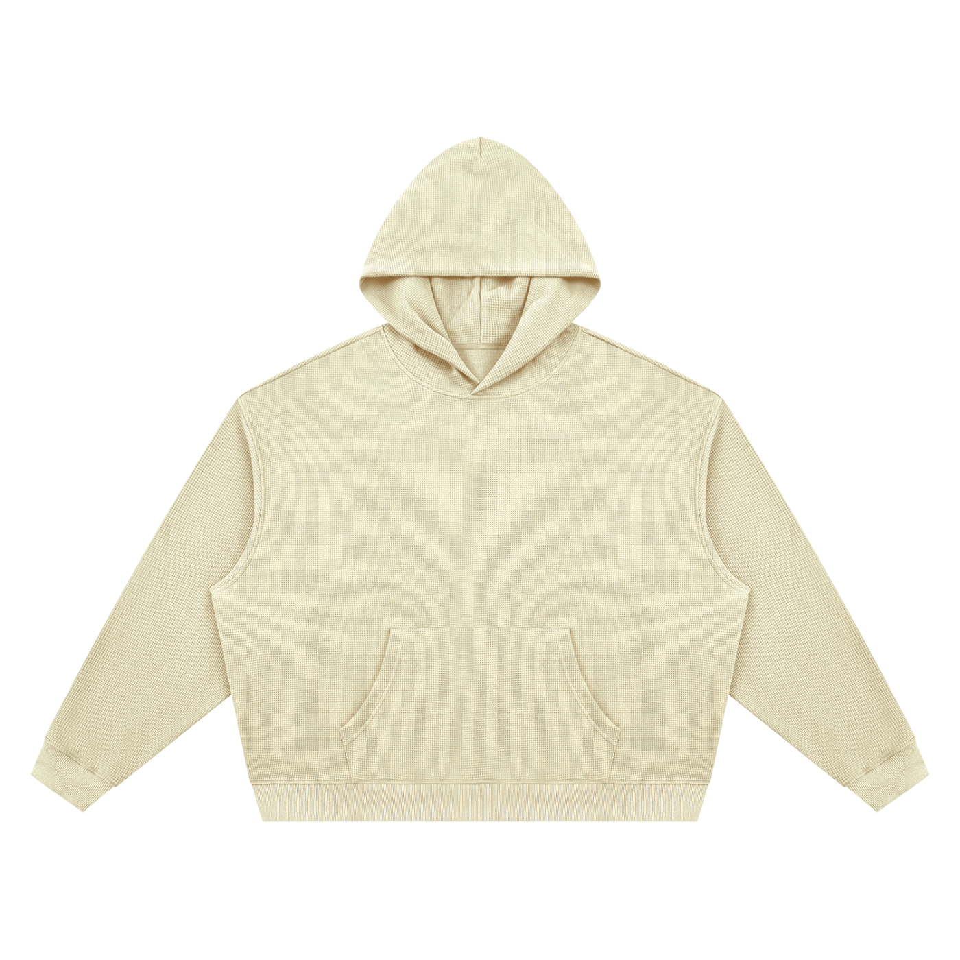 Textured waffle boxy hoodie, oat cream, front view with hood and kangaroo pocket