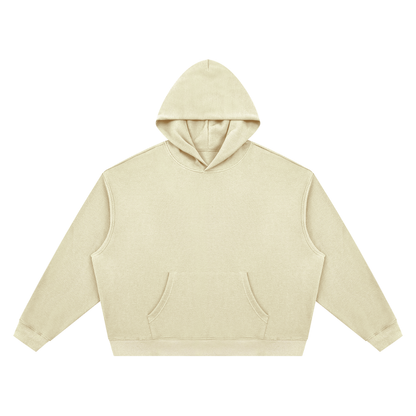 Light beige unisex boxy pullover hoodie, front view with hood and kangaroo pocket