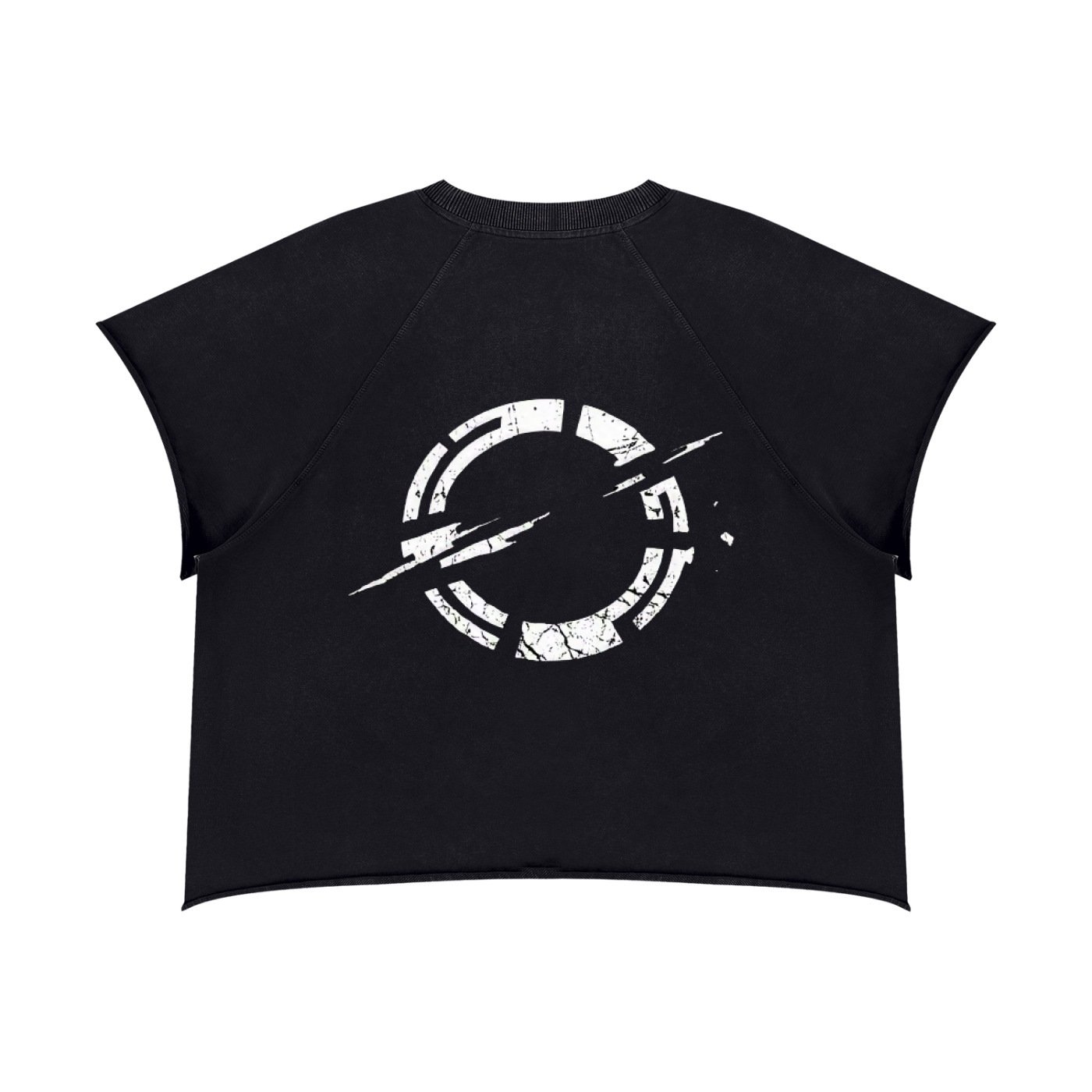 Black boxy crewneck T-shirt with distressed circular glitch graphic on front