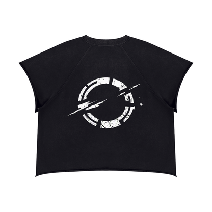 Black boxy crewneck T-shirt with distressed circular glitch graphic on front