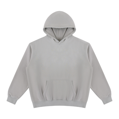 Unisex vintage wash fleece hoodie, light gray, front view with hood and kangaroo pocket