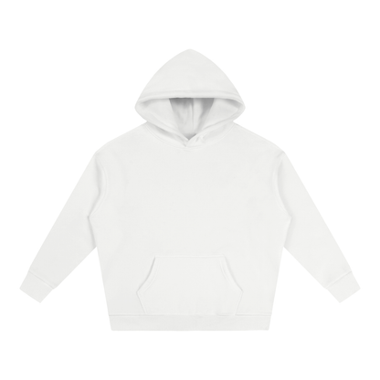 White oversize fleece hoodie with hood and kangaroo pocket, long sleeves.