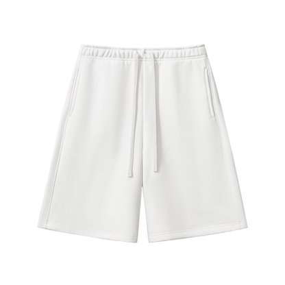 White heavyweight fleece shorts, elastic waistband with drawstring, front view