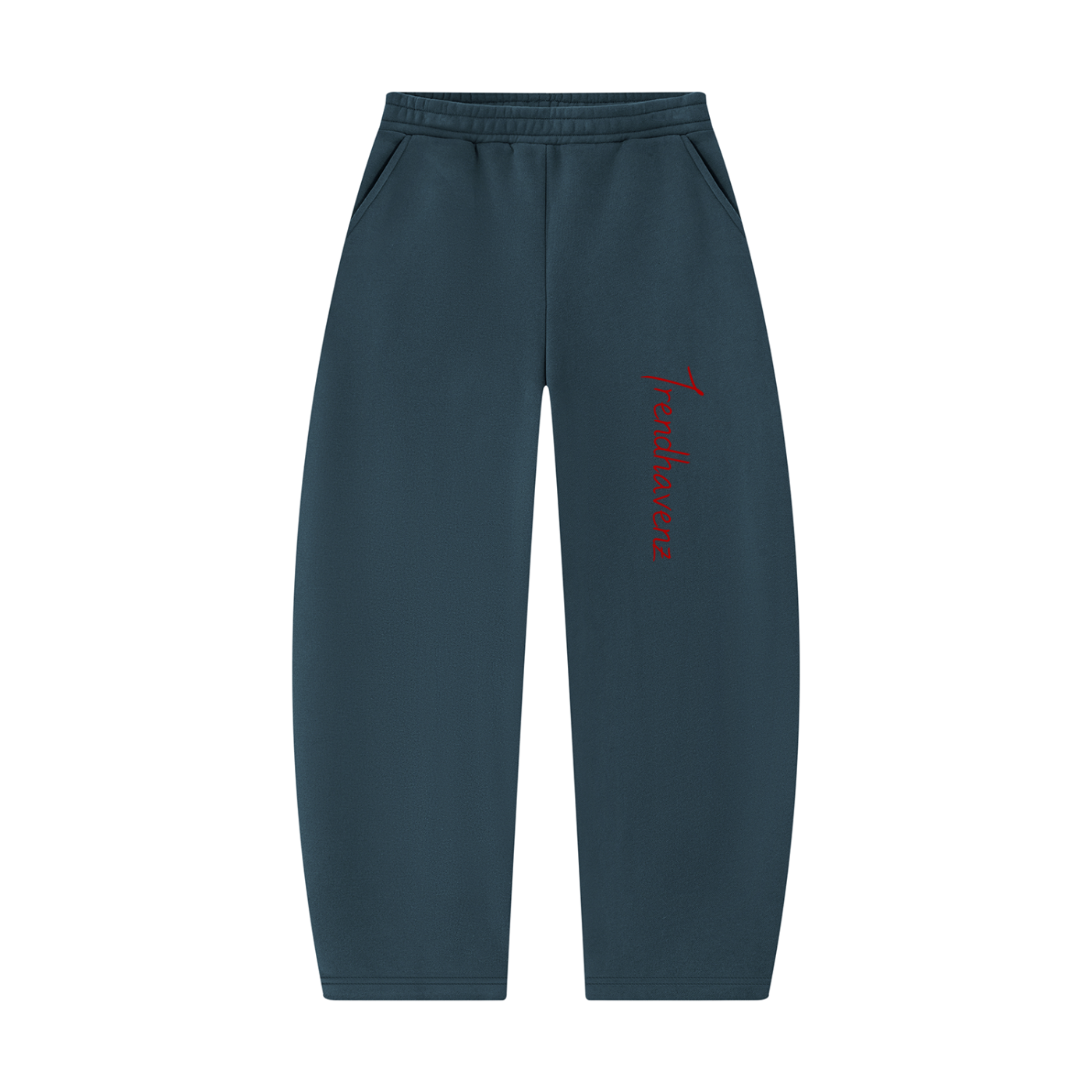 Haze blue unisex barrel-leg sweatpants with red logo on front