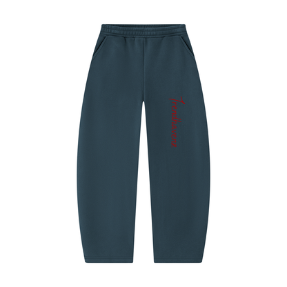 Haze blue unisex barrel-leg sweatpants with red logo on front