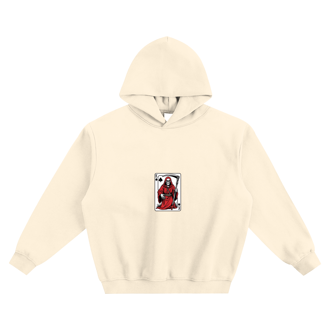 Boxy fleece hoodie, cream, front small skeleton playing-card graphic