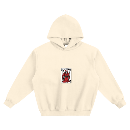 Boxy fleece hoodie, cream, front small skeleton playing-card graphic