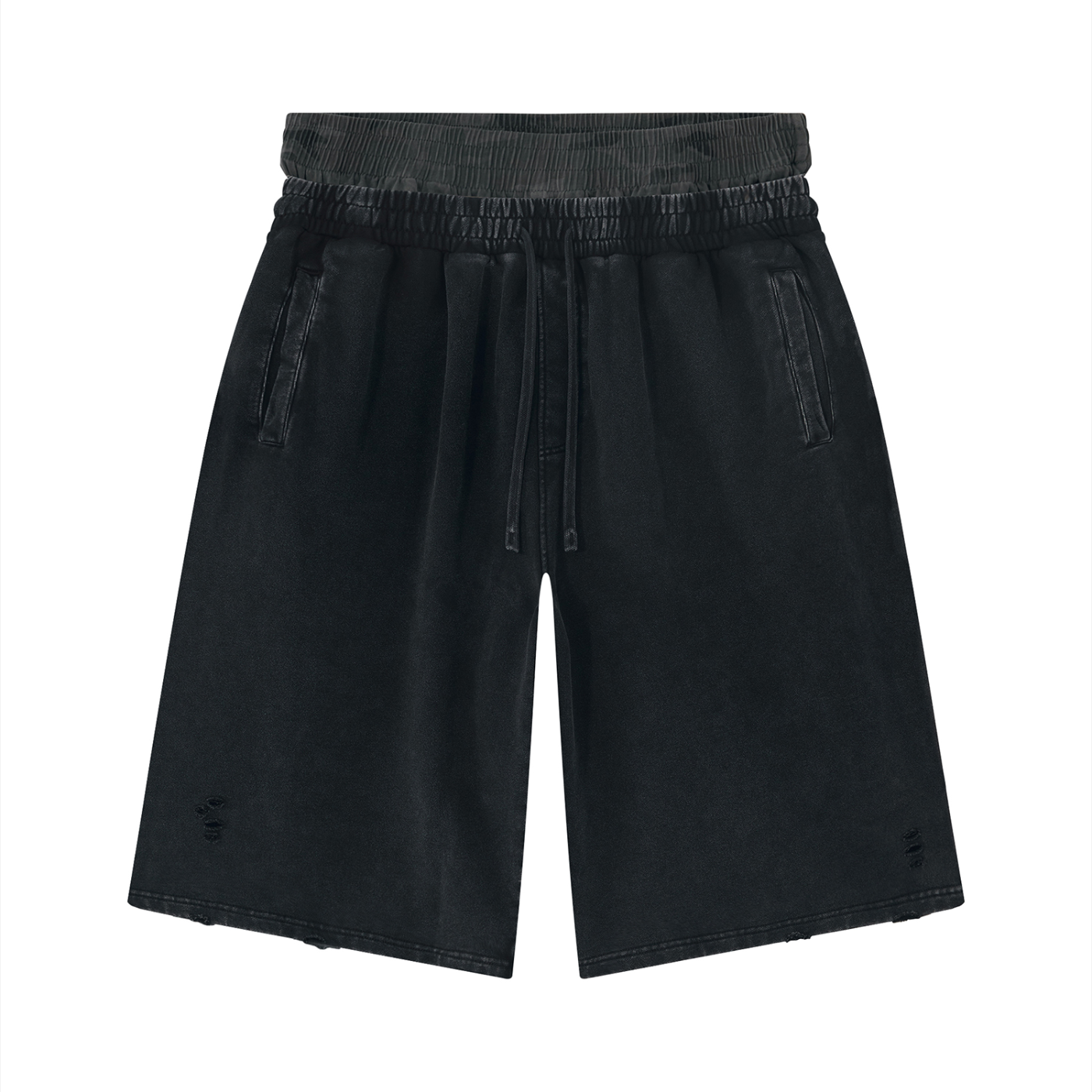Black distressed wide-leg shorts with elastic waistband and drawstring, front view