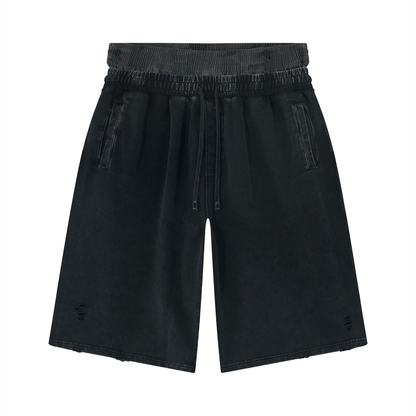 Wide-leg distressed vintage-wash shorts with elastic waistband and drawstring tie