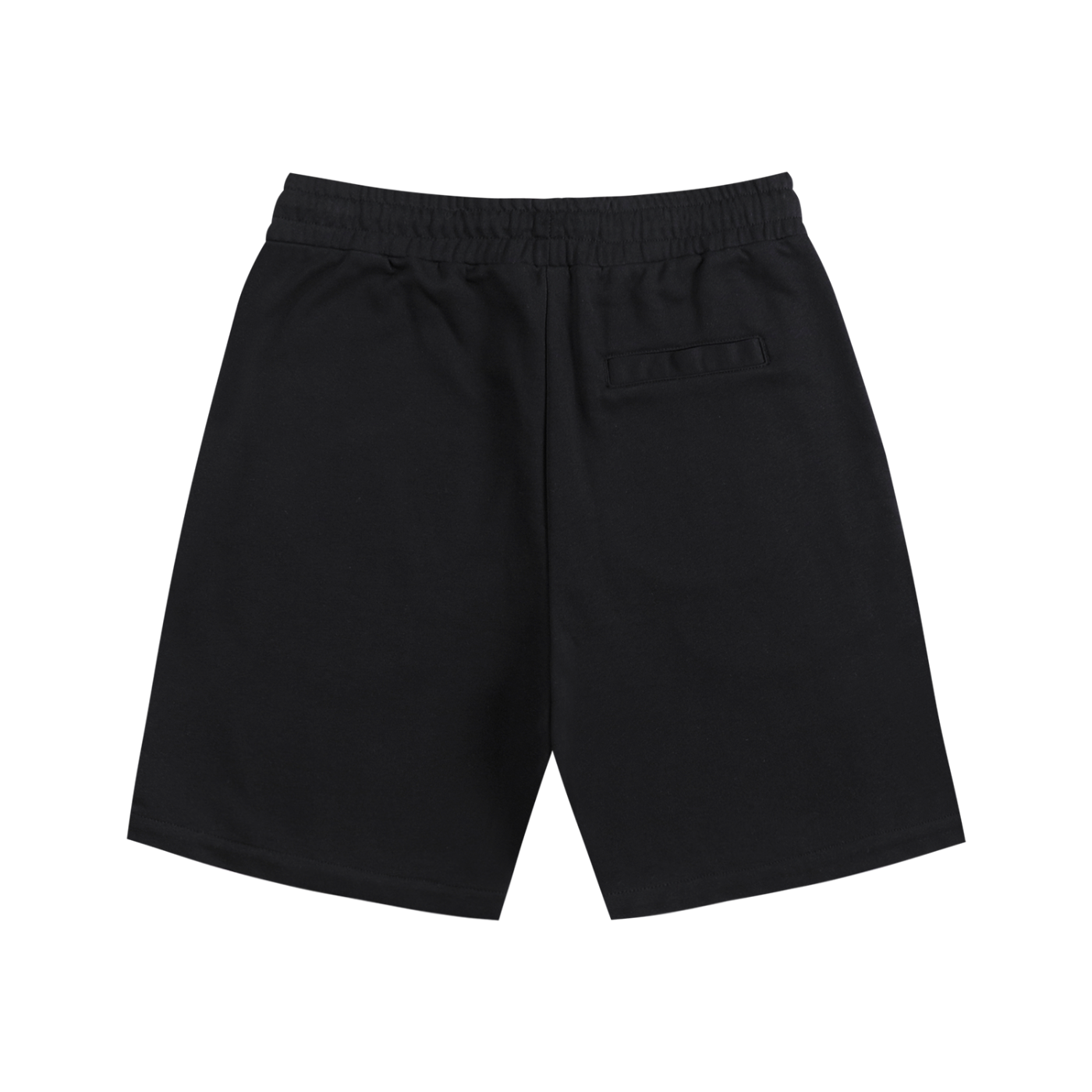 Cotton streetwear shorts, black with elastic waistband, no drawstring visible, side pocket