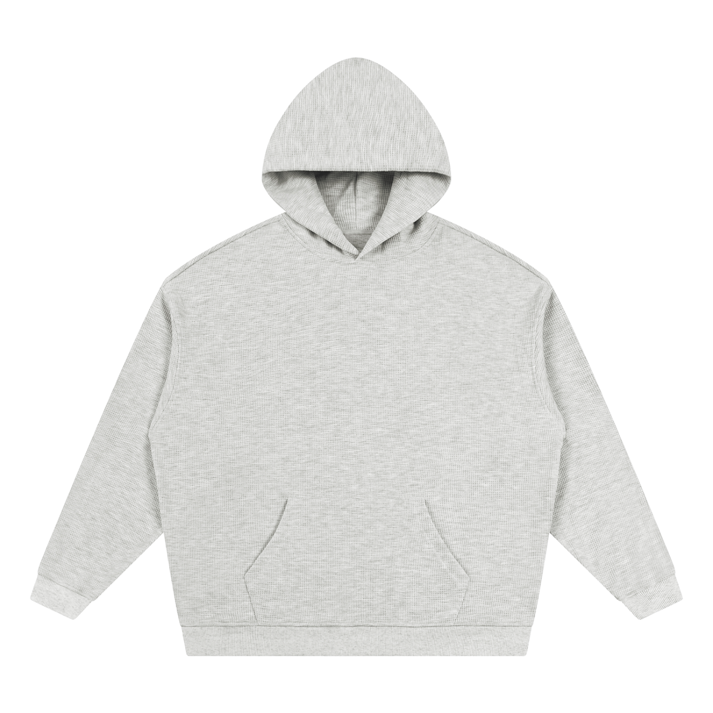 Light gray unisex waffle hoodie with hood and kangaroo pocket, long sleeves