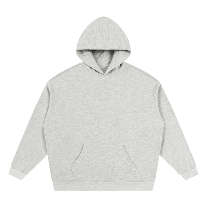 Light gray waffle pullover hoodie with hood and front kangaroo pocket, relaxed fit