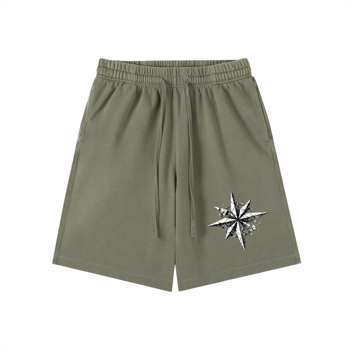 Olive vintage-wash cotton shorts with elastic waistband, drawstring, and side star graphic.