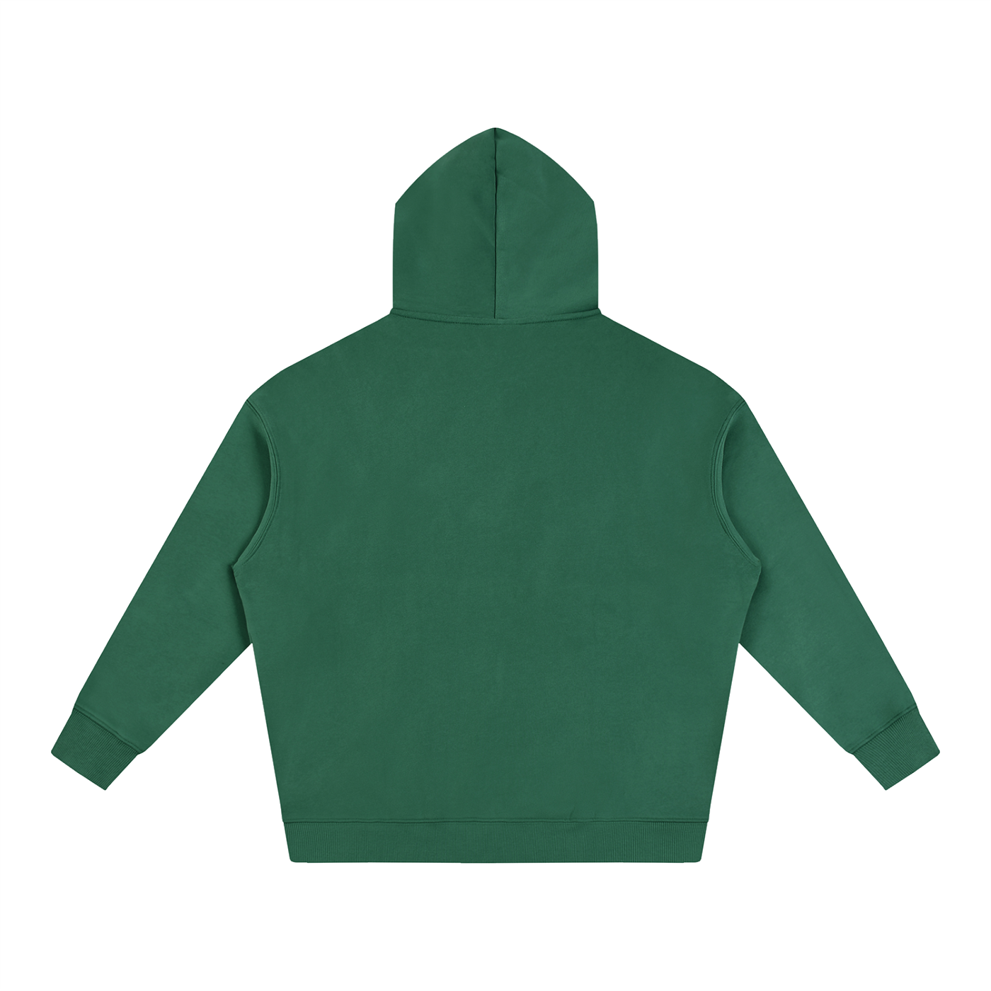 Oversized fleece pullover hoodie in Eden green, back view with hood
