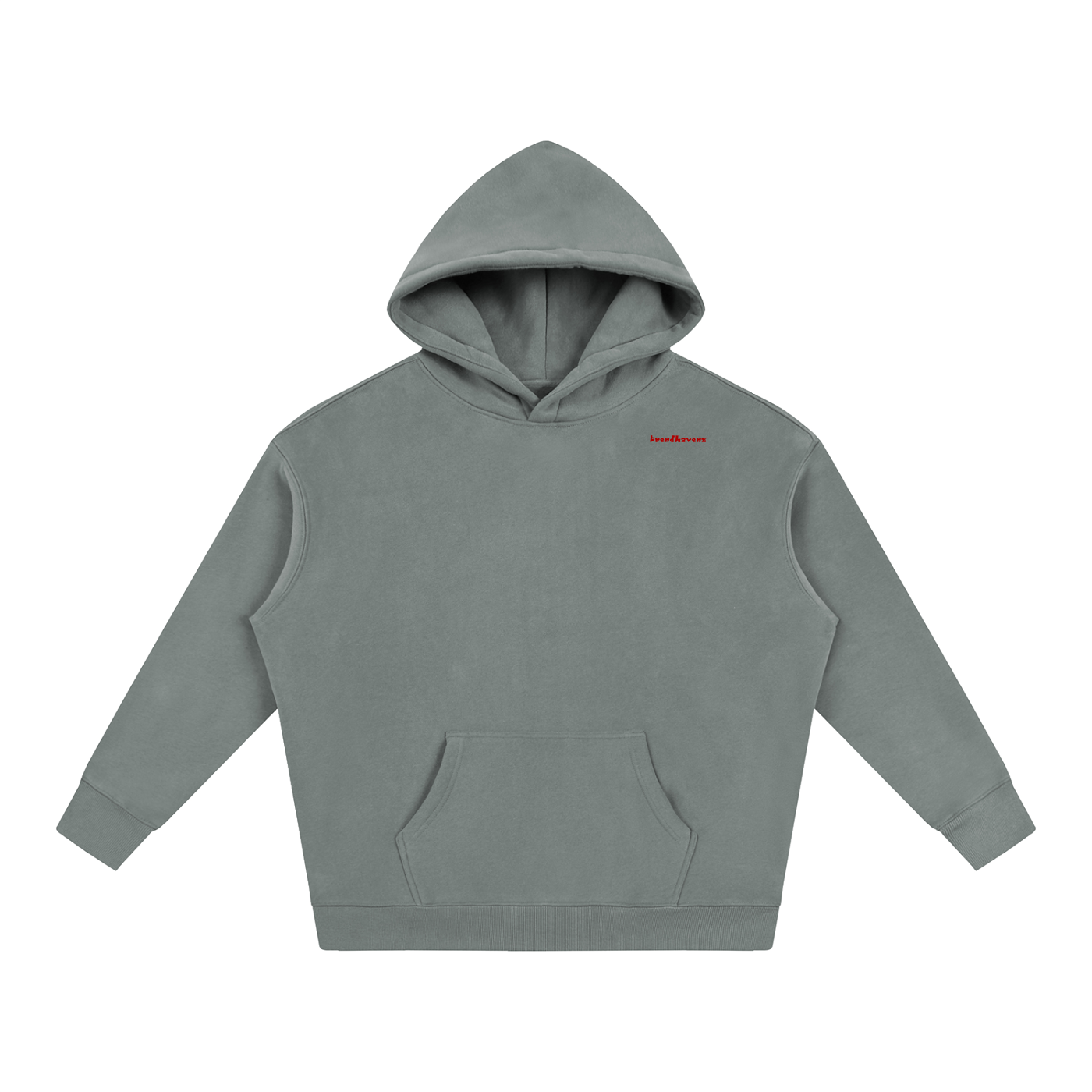Oversize fleeced hoodie in gray-green with hood and front kangaroo pocket.