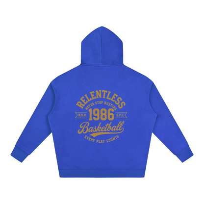 Oversize fleeced hoodie, royal blue; back features large “Relentless 1968 Basketball” graphic