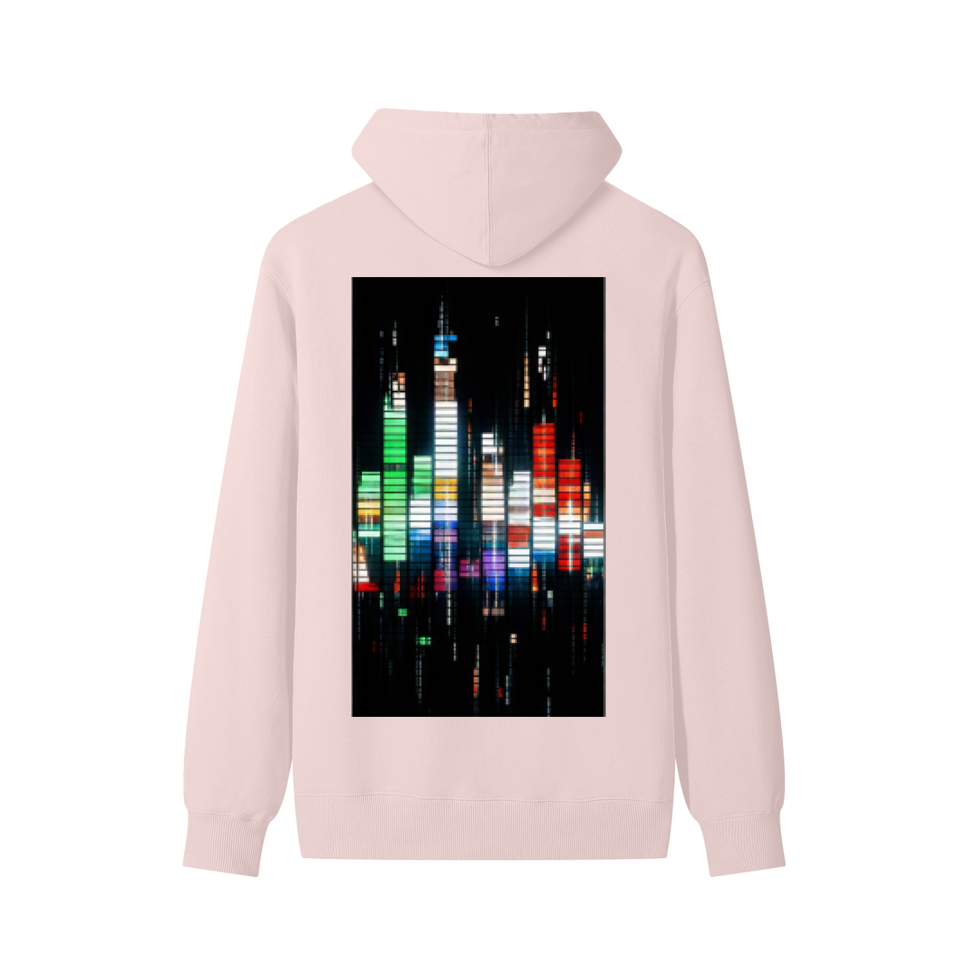 Light pink cotton unisex hoodie with back square city skyline graphic