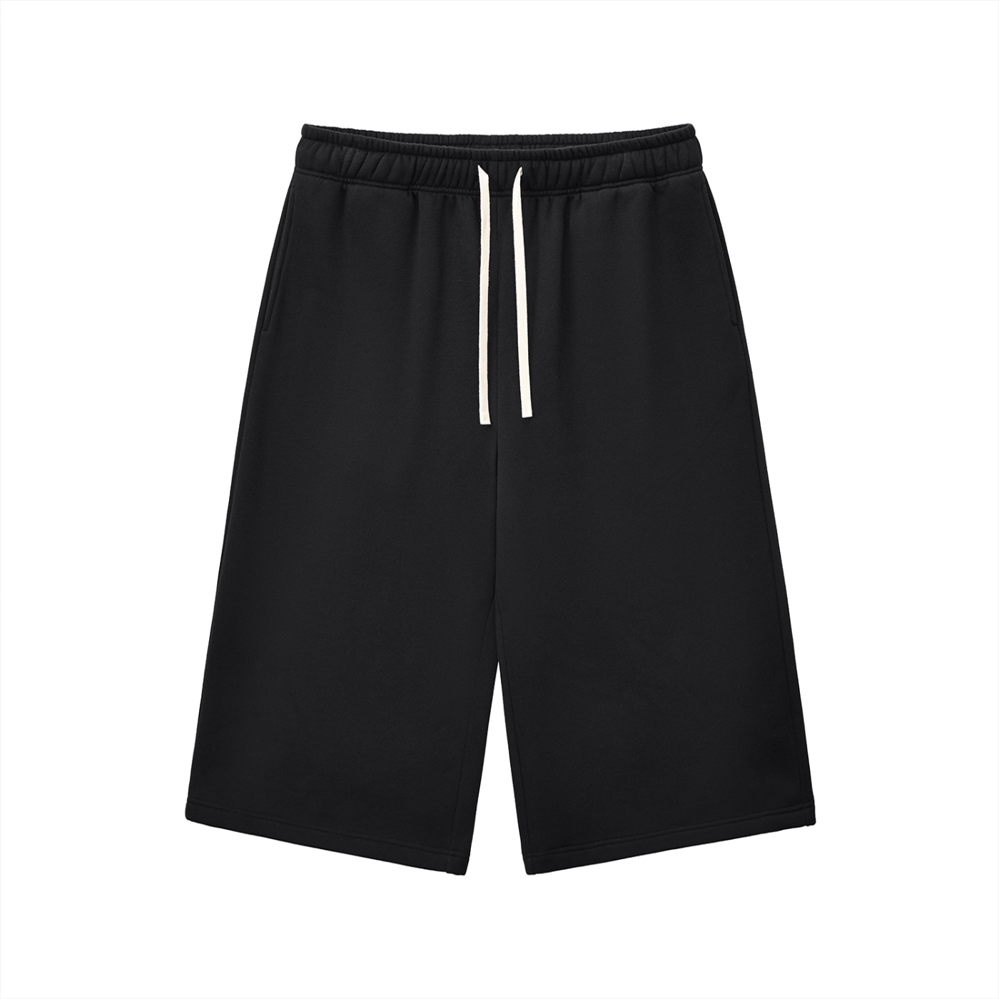 Black relaxed three-quarter sweatpants with elastic waistband and white drawstring