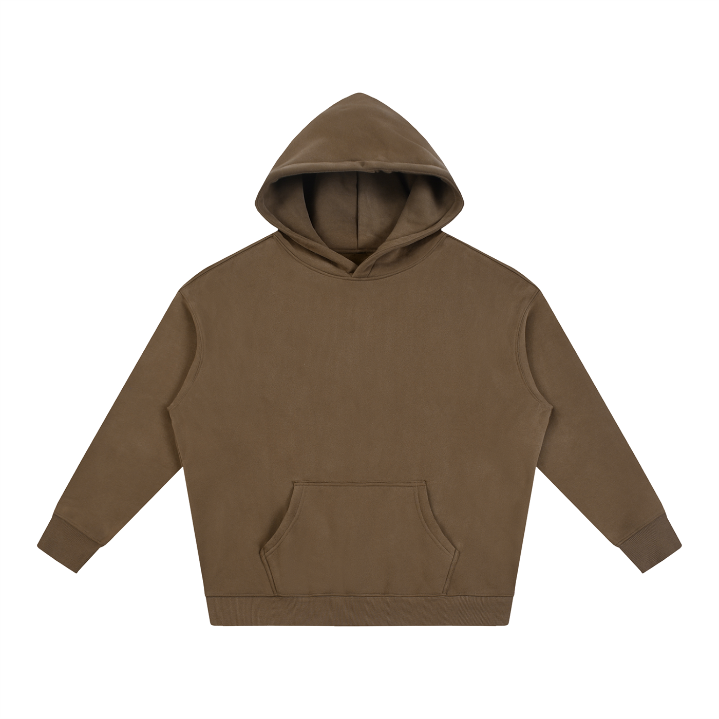 Oversize hoodie in brown, front view with hood and kangaroo pocket
