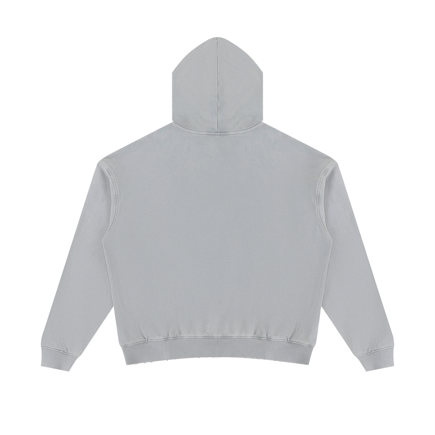 Unisex mineral-wash distressed pullover hoodie, light gray, back view with hood and ribbed hem