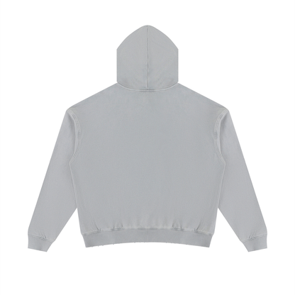 Unisex mineral-wash distressed pullover hoodie, light gray, back view with hood and ribbed hem