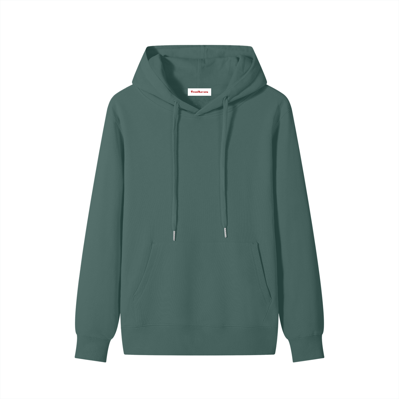 Unisex cotton hoodie in muted green, front pocket and drawstring hood