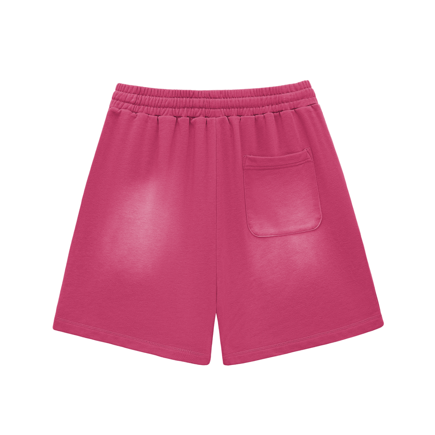 Rose red cotton shorts with elastic waistband, drawstring, back pocket, raw hem, sun-fade.