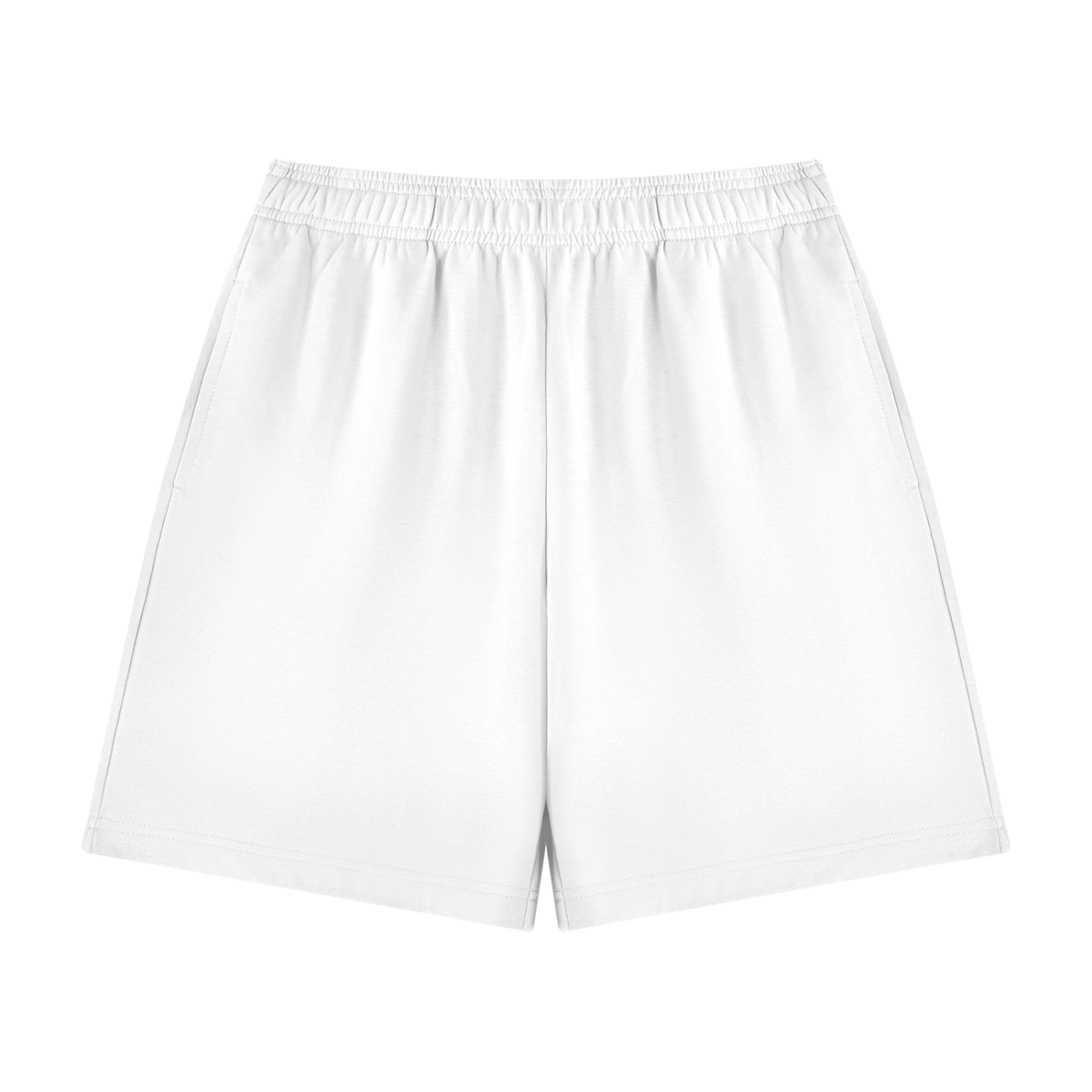 Unisex cotton shorts in white, elastic waistband, no visible pocket.