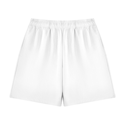Unisex cotton shorts in white, elastic waistband, no visible pocket.