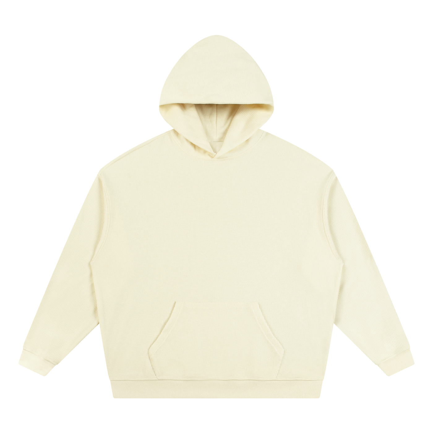 Cream waffle pullover hoodie with hood and front kangaroo pocket, relaxed fit