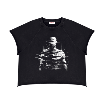 Black boxy crewneck T-shirt with distressed glitch statue graphic on front